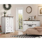 Commode à 5 tiroirs avec porte coulissante de style grange, commode haute en bois de 122 cm avec étagère réglable pour chambre, entrée, salon, blanc
