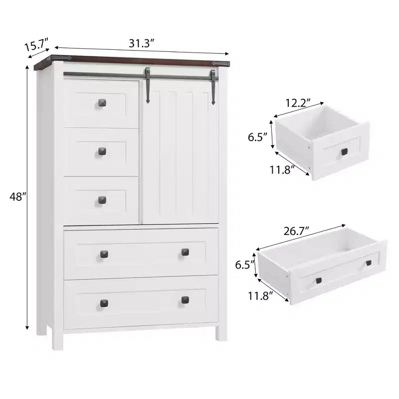 Commode de ferme à 5 tiroirs avec porte coulissante de style grange, commode en bois de 122 cm de haut avec étagère réglable pour chambre à coucher, entrée, salon, blanc