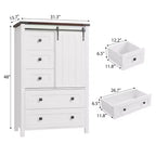 Commode à 5 tiroirs avec porte coulissante de style grange, commode haute en bois de 122 cm avec étagère réglable pour chambre, entrée, salon, blanc