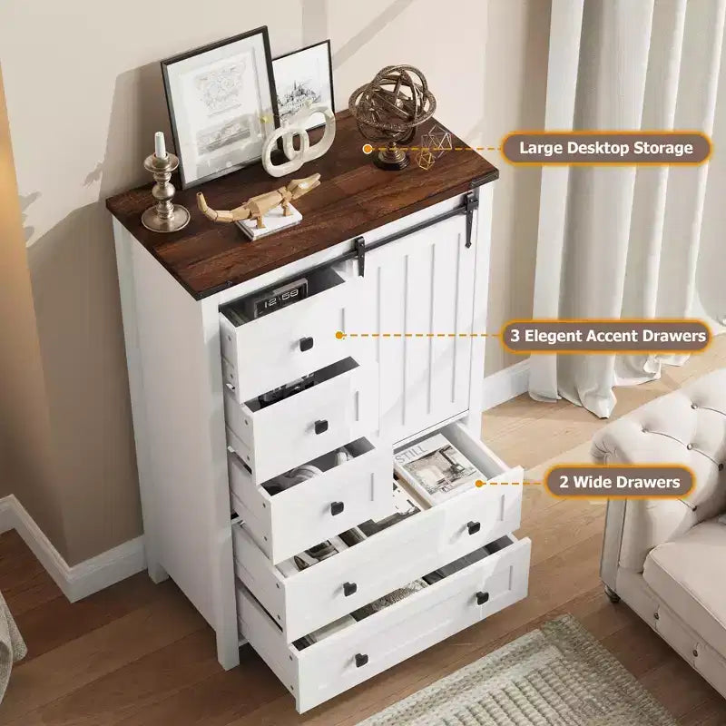 Commode de ferme à 5 tiroirs avec porte coulissante de style grange, commode en bois de 122 cm de haut avec étagère réglable pour chambre à coucher, entrée, salon, blanc