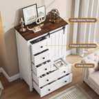 Commode à 5 tiroirs avec porte coulissante de style grange, commode haute en bois de 122 cm avec étagère réglable pour chambre, entrée, salon, blanc