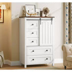 Commode à 5 tiroirs avec porte coulissante de style grange, commode haute en bois de 122 cm avec étagère réglable pour chambre, entrée, salon, blanc