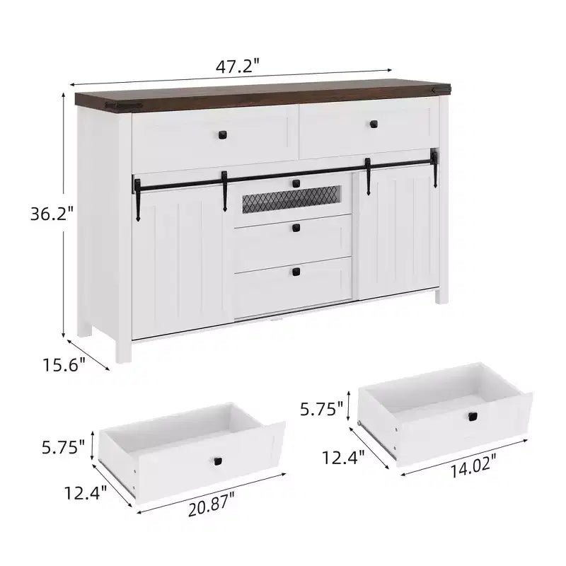 Commode de ferme à 5 tiroirs avec porte coulissante de style grange, commode en bois de 122 cm de haut avec étagère réglable pour chambre à coucher, entrée, salon, blanc