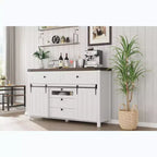 Commode à 5 tiroirs avec porte coulissante de style grange, commode haute en bois de 122 cm avec étagère réglable pour chambre, entrée, salon, blanc