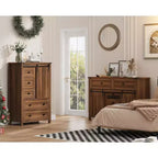 Commode à 5 tiroirs avec porte coulissante de style grange, commode haute en bois de 122 cm avec étagère réglable pour chambre, entrée, salon, blanc