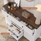 Commode à 5 tiroirs avec porte coulissante de style grange, commode haute en bois de 122 cm avec étagère réglable pour chambre, entrée, salon, blanc