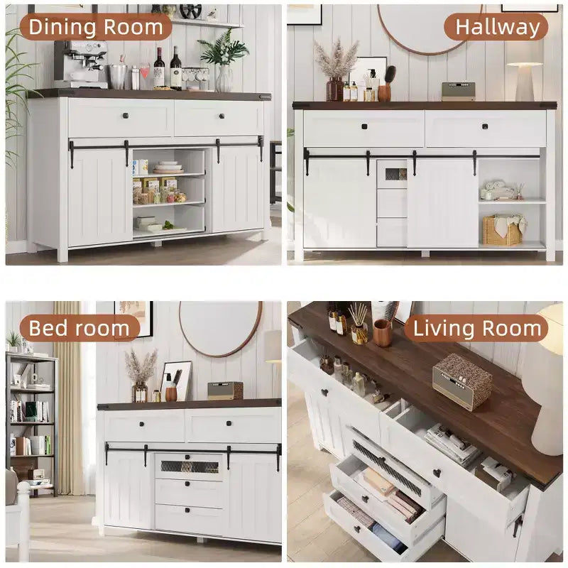 Commode de ferme à 5 tiroirs avec porte coulissante de style grange, commode en bois de 122 cm de haut avec étagère réglable pour chambre à coucher, entrée, salon, blanc