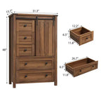Commode à 5 tiroirs avec porte coulissante de style grange, commode haute en bois de 122 cm avec étagère réglable pour chambre, entrée, salon, blanc