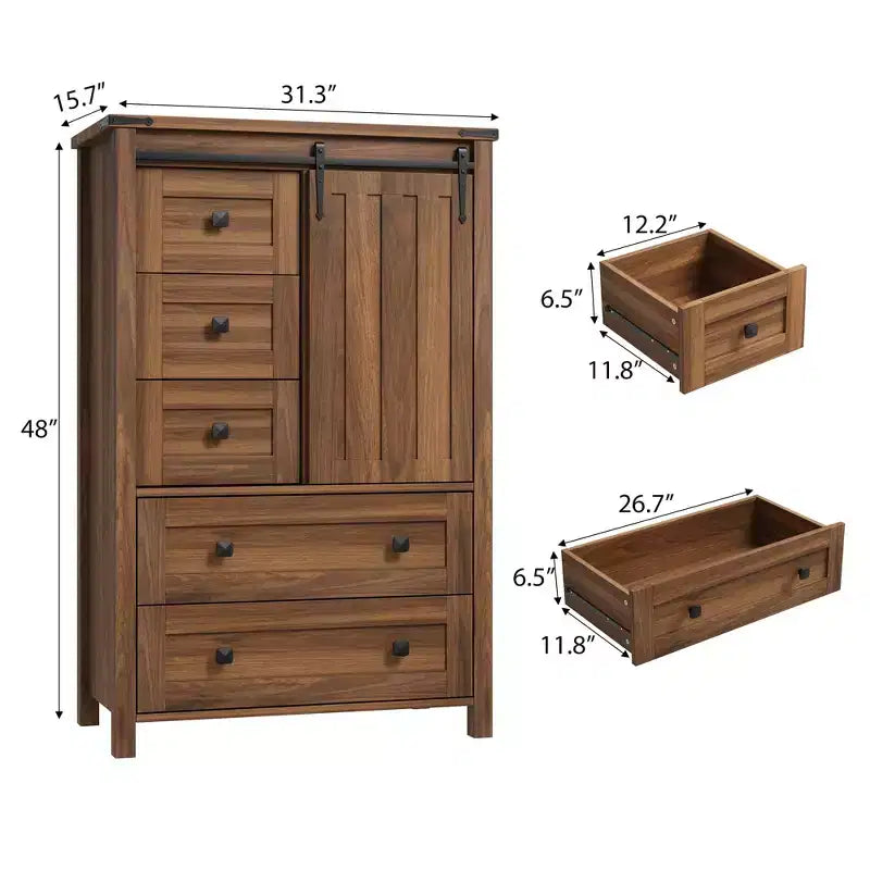 Commode de ferme à 5 tiroirs avec porte coulissante de style grange, commode en bois de 122 cm de haut avec étagère réglable pour chambre à coucher, entrée, salon, blanc