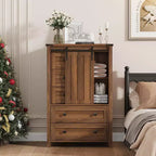 Commode à 5 tiroirs avec porte coulissante de style grange, commode haute en bois de 122 cm avec étagère réglable pour chambre, entrée, salon, blanc