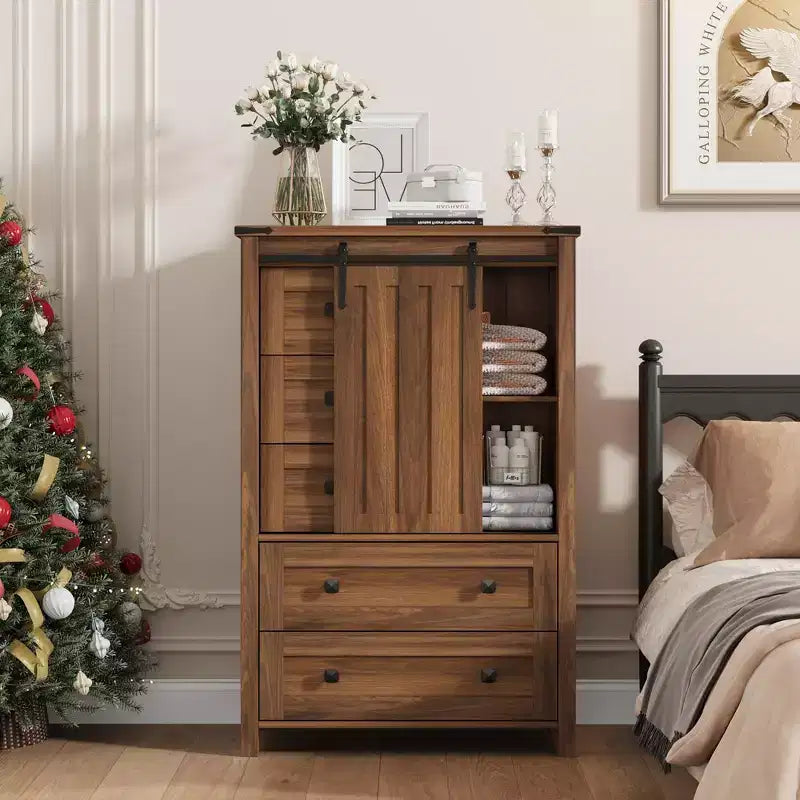 Commode de ferme à 5 tiroirs avec porte coulissante de style grange, commode en bois de 122 cm de haut avec étagère réglable pour chambre à coucher, entrée, salon, blanc