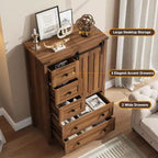 Commode à 5 tiroirs avec porte coulissante de style grange, commode haute en bois de 122 cm avec étagère réglable pour chambre, entrée, salon, blanc