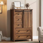 Farmhouse 5-Drawer Dresser with Sliding Barn Door, 48 Tall Wood Chest of Drawers with Adjustable Shelf for Bedroom, Entryway, Living Room  White