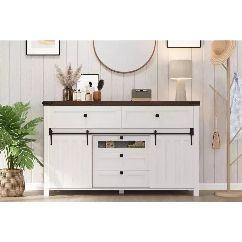 Commode de ferme à 5 tiroirs avec porte coulissante de style grange, commode en bois de 122 cm de haut avec étagère réglable pour chambre à coucher, entrée, salon, blanc