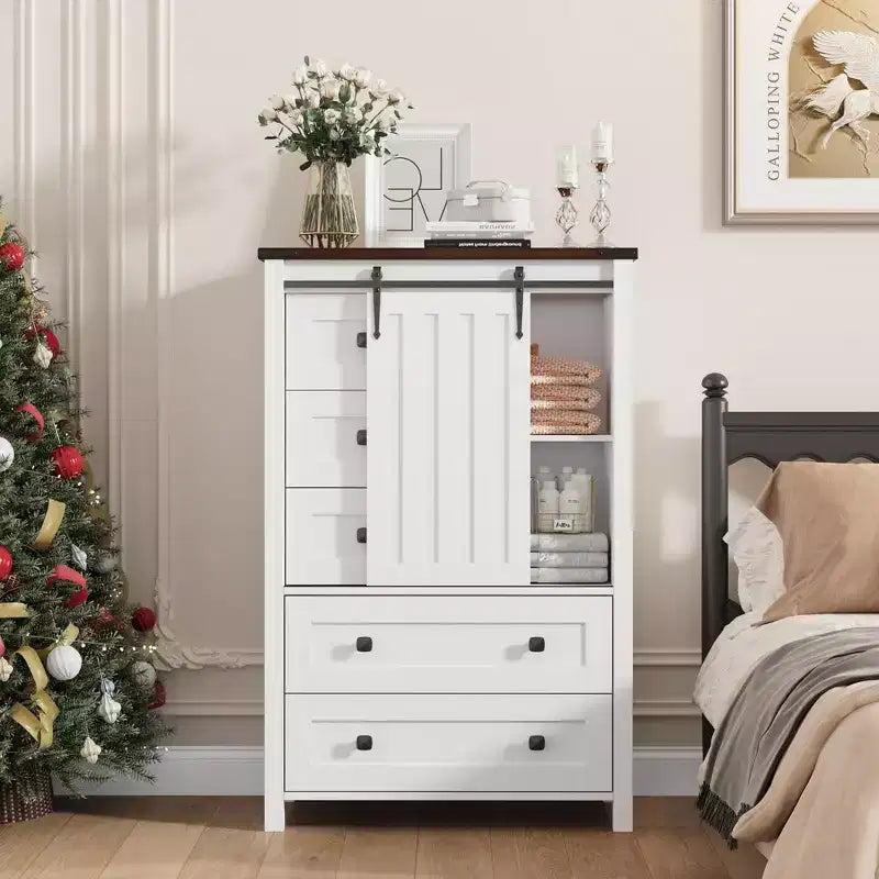 Commode de ferme à 5 tiroirs avec porte coulissante de style grange, commode en bois de 122 cm de haut avec étagère réglable pour chambre à coucher, entrée, salon, blanc
