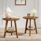 Table d'appoint ronde en bois massif, table de bout à 2 niveaux avec étagère de rangement, table de chevet pour salon, chambre à coucher, assemblage facile