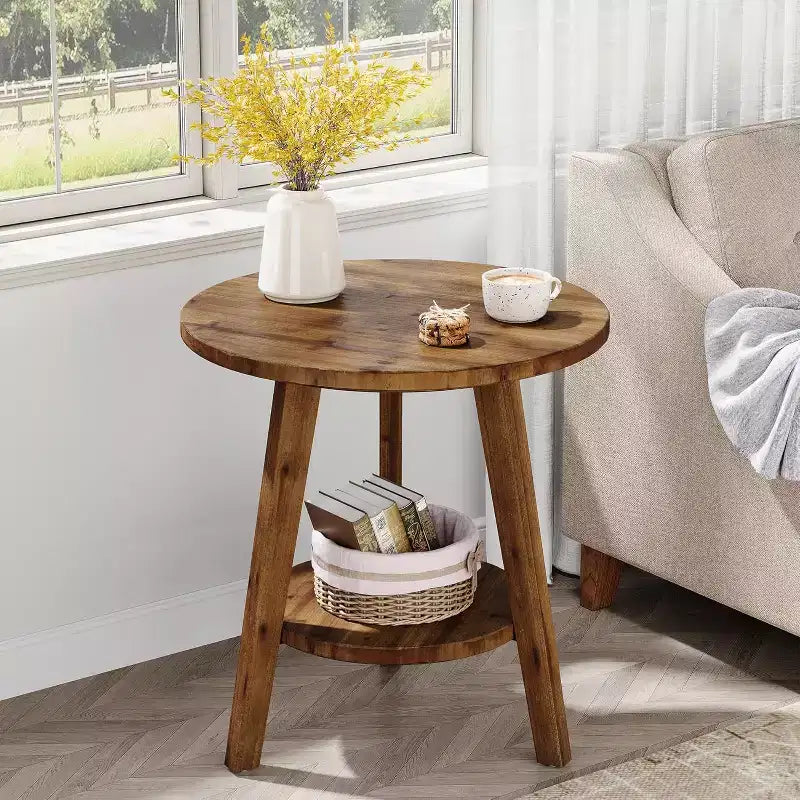 Table d'appoint ronde en bois massif, table de chevet de ferme à 2 niveaux avec étagère de rangement, table de nuit pour salon, chambre, montage facile