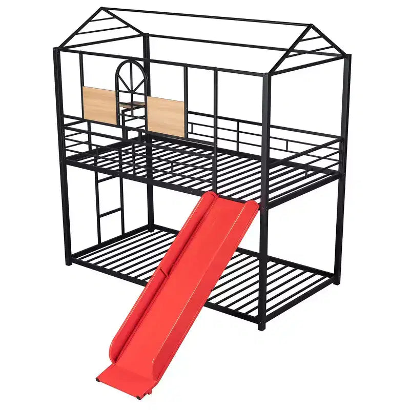Lit superposé jumeau sur jumeau et lit cabane, cadre de lit en métal avec toboggan et barrière de sécurité