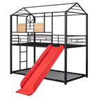 Lit superposé jumeau sur jumeau et lit cabane, cadre de lit en métal avec toboggan et barrière de sécurité
