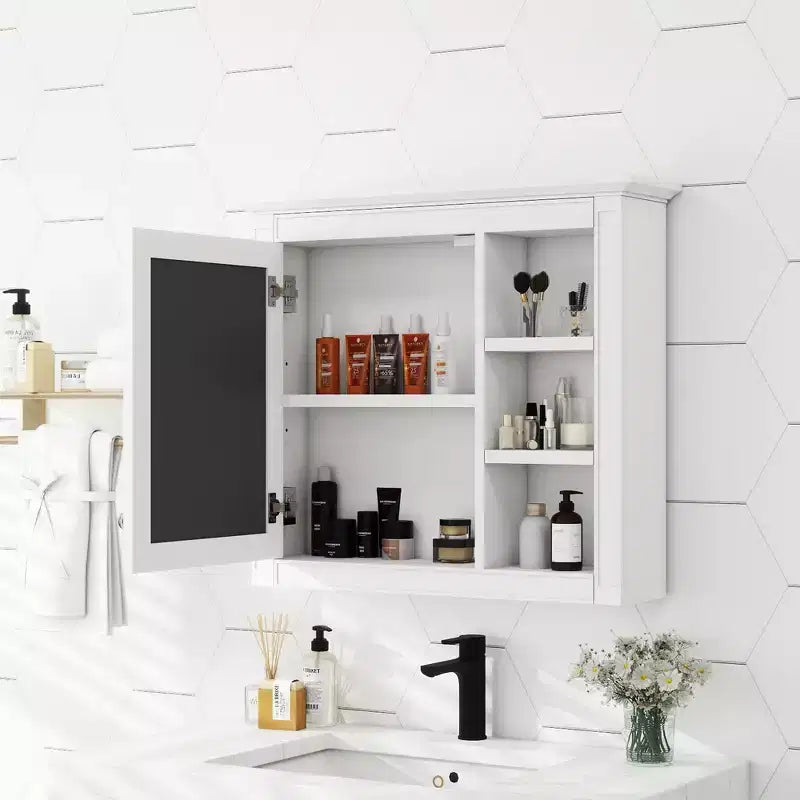 28 Medicine Cabinet, Wall Mounted Bathroom Storage Cabinet with Mirror 3 Open Shelves Modern White