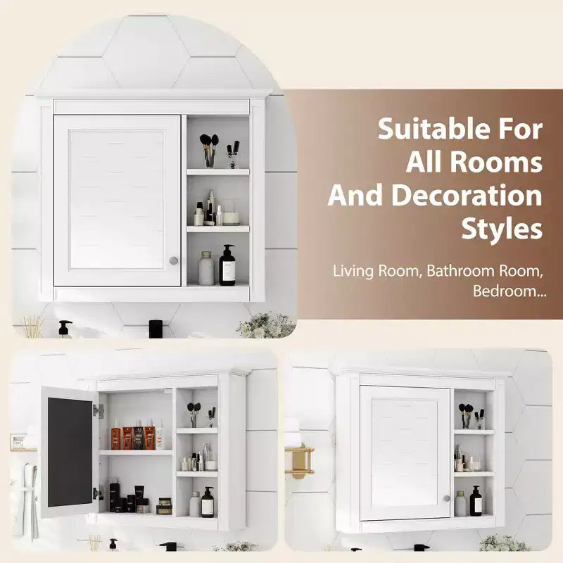28 Medicine Cabinet, Wall Mounted Bathroom Storage Cabinet with Mirror 3 Open Shelves Modern White