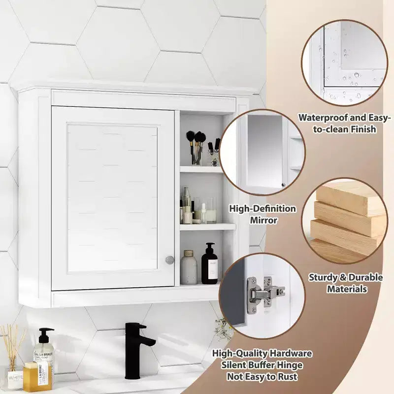 28 Armoire à Pharmacie Murale, Meuble de Rangement Salle de Bain avec Miroir 3 Étagères Ouvertes Blanc Moderne