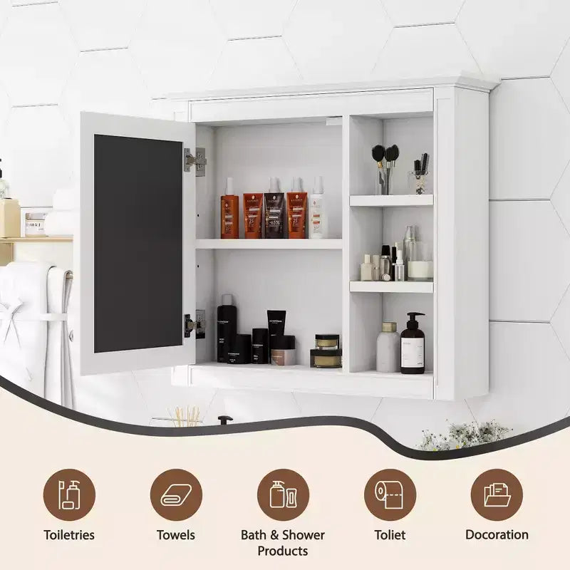 28 Armoire à Pharmacie Murale, Meuble de Rangement Salle de Bain avec Miroir 3 Étagères Ouvertes Blanc Moderne