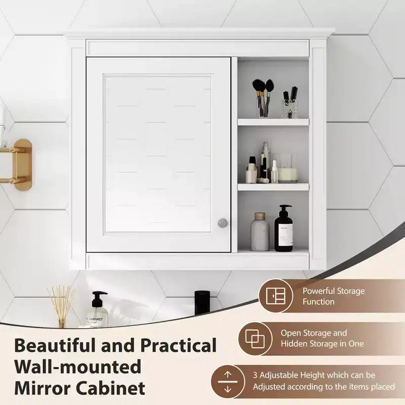 28 Armoire à Pharmacie Murale, Meuble de Rangement Salle de Bain avec Miroir 3 Étagères Ouvertes Blanc Moderne