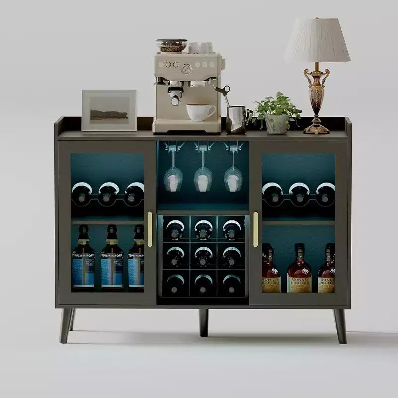Meuble de Bar à Café et Vin 47 avec Porte Vitrée, Buffet en Bois à 4 Niveaux pour Salon et Cuisine