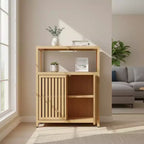 Meuble de rangement en bambou grande capacité avec deux portes et étagère ouverte