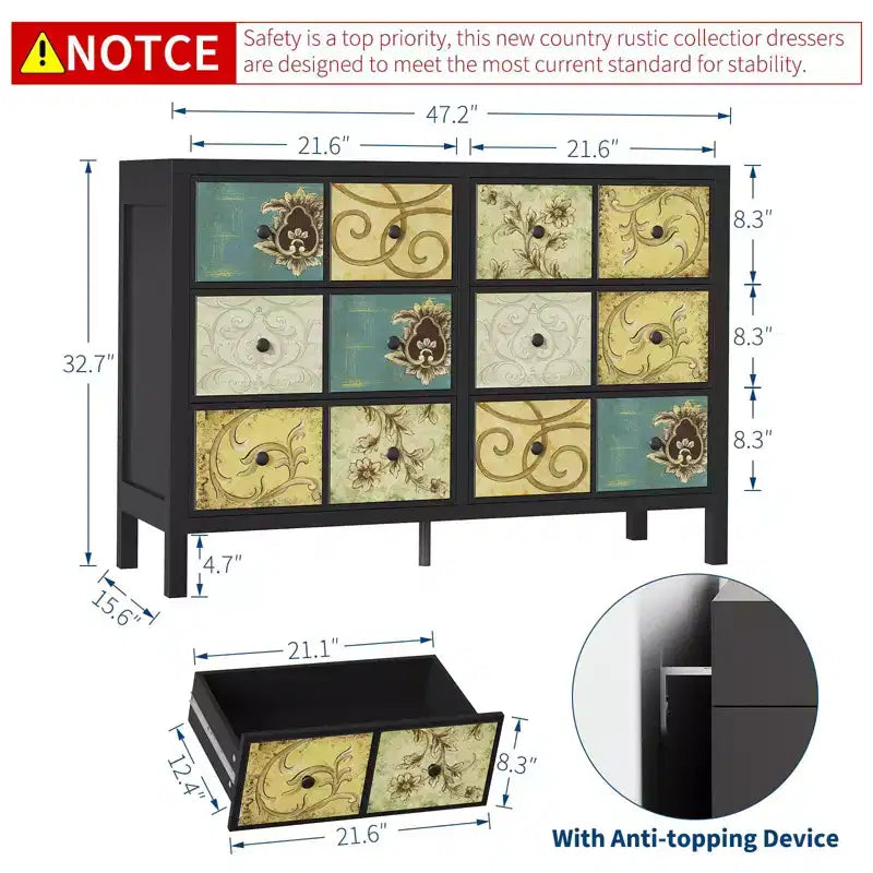 Commode en bois à 6 tiroirs, meuble de rangement d'inspiration vintage pour chambre à coucher et salon