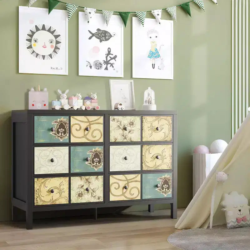 Commode en bois à 6 tiroirs, meuble de rangement d'inspiration vintage pour chambre à coucher et salon
