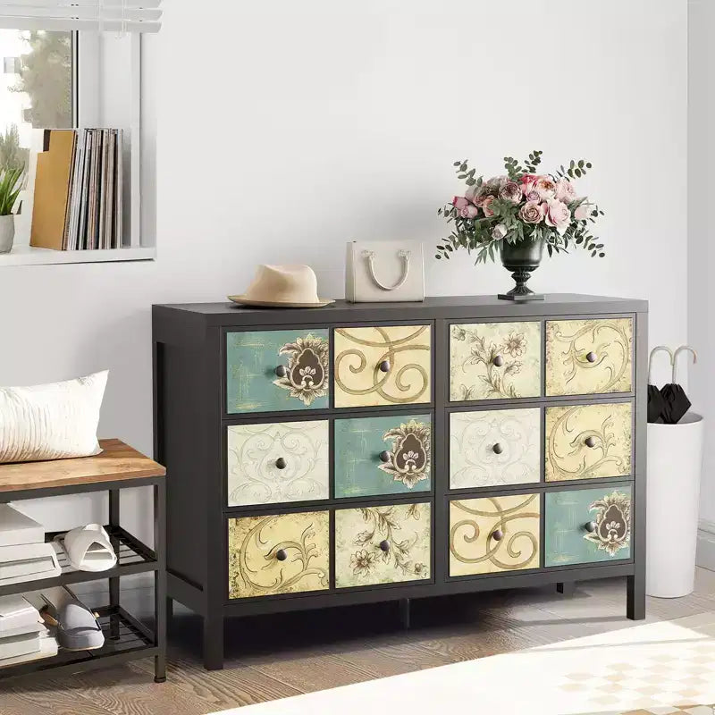 Commode en bois à 6 tiroirs, meuble de rangement d'inspiration vintage pour chambre à coucher et salon