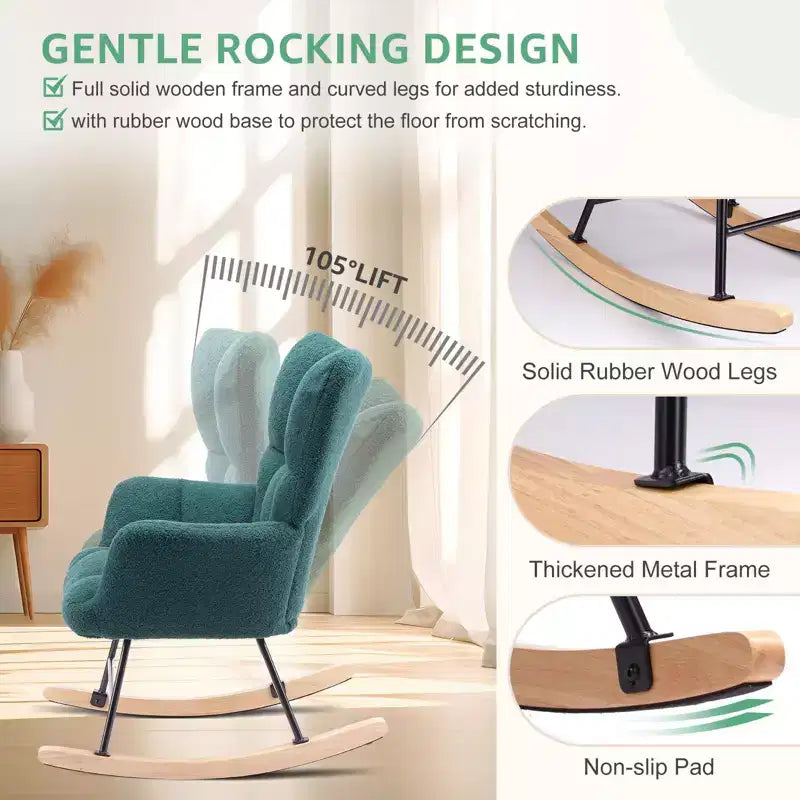 Fauteuil à bascule Teddy, Chaise moderne avec dossier haut, Capacité de 113 kg, Fauteuil à bascule d'appoint pour salon, chambre de bébé, chambre à coucher