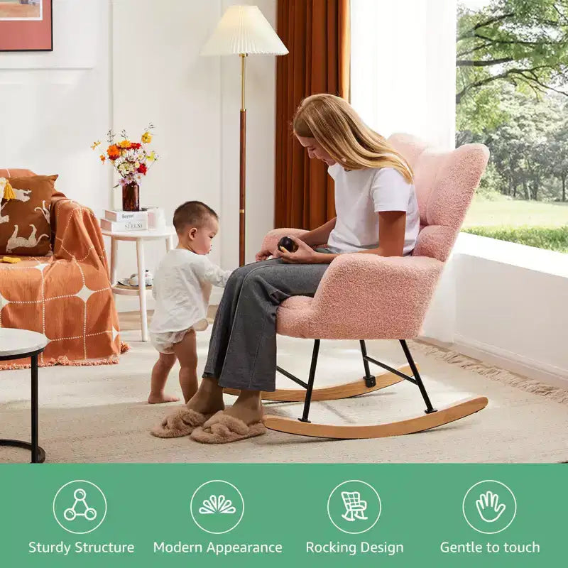 Fauteuil à bascule Teddy, Chaise moderne avec dossier haut, Capacité de 113 kg, Fauteuil à bascule d'appoint pour salon, chambre de bébé, chambre à coucher
