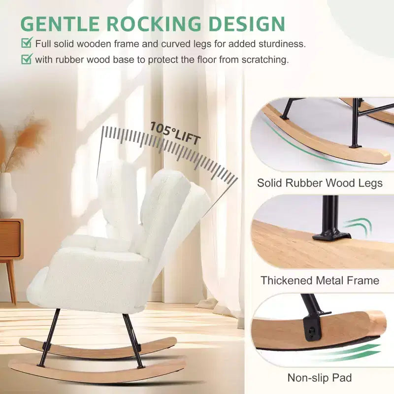 Fauteuil à bascule Teddy, Chaise moderne avec dossier haut, Capacité de 113 kg, Fauteuil à bascule d'appoint pour salon, chambre de bébé, chambre à coucher