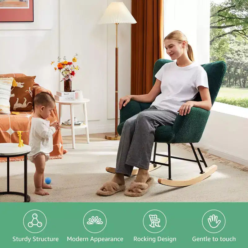 Fauteuil à bascule Teddy, Chaise moderne avec dossier haut, Capacité de 113 kg, Fauteuil à bascule d'appoint pour salon, chambre de bébé, chambre à coucher