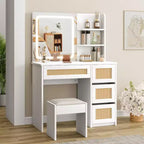 Rattan Vanity with Mirror, White & Gold Makeup Vanity Desk, 4 Drawers, 2 Open Shelves, Large Storage Dressing Table for Bedroom