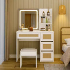 Coiffeuse en rotin avec miroir, coiffeuse de maquillage blanche et dorée, 4 tiroirs, 2 étagères ouvertes, grande table de toilette de rangement pour chambre à coucher
