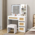 Coiffeuse en rotin avec miroir, coiffeuse de maquillage blanche et dorée, 4 tiroirs, 2 étagères ouvertes, grande table de toilette de rangement pour chambre à coucher