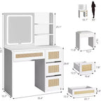 Coiffeuse en rotin avec miroir, coiffeuse de maquillage blanche et dorée, 4 tiroirs, 2 étagères ouvertes, grande table de toilette de rangement pour chambre à coucher