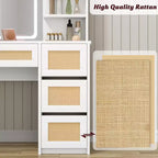 Coiffeuse en rotin avec miroir, coiffeuse de maquillage blanche et dorée, 4 tiroirs, 2 étagères ouvertes, grande table de toilette de rangement pour chambre à coucher