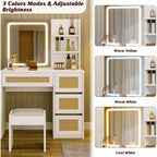 Coiffeuse en rotin avec miroir, coiffeuse de maquillage blanche et dorée, 4 tiroirs, 2 étagères ouvertes, grande table de toilette de rangement pour chambre à coucher