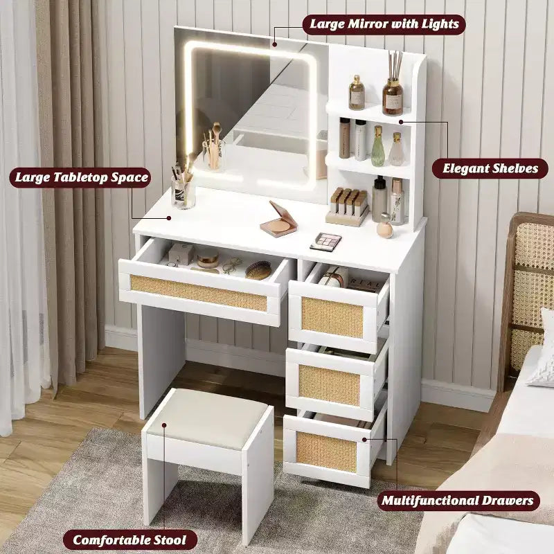 Coiffeuse en rotin avec miroir, coiffeuse de maquillage blanche et dorée, 4 tiroirs, 2 étagères ouvertes, grande table de toilette de rangement pour chambre à coucher