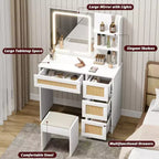 Coiffeuse en rotin avec miroir, coiffeuse de maquillage blanche et dorée, 4 tiroirs, 2 étagères ouvertes, grande table de toilette de rangement pour chambre à coucher