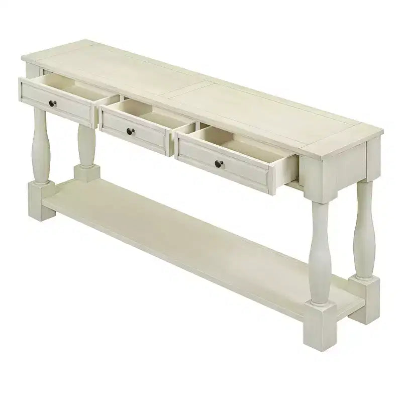 Console longue rectangulaire en bois de style méditerranéen avec tiroirs et étagère