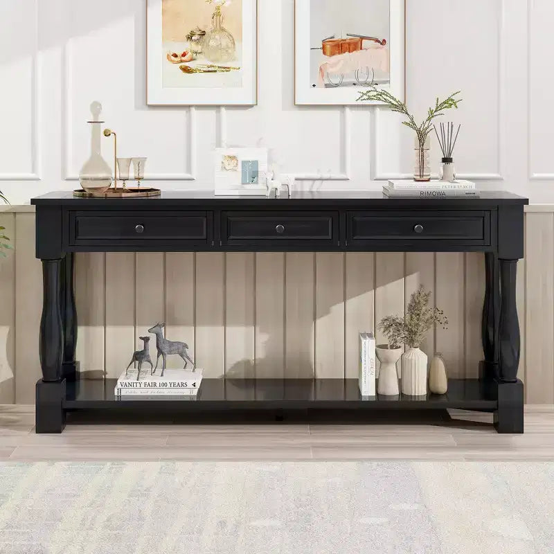 Console longue rectangulaire en bois de style méditerranéen avec tiroirs et étagère