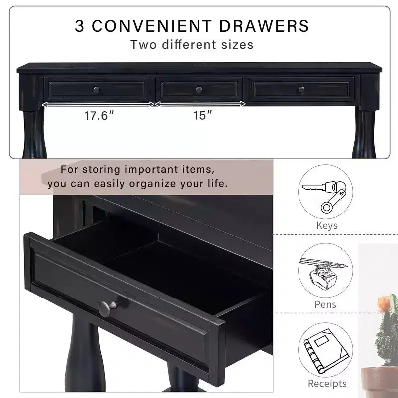 Console longue rectangulaire en bois de style méditerranéen avec tiroirs et étagère