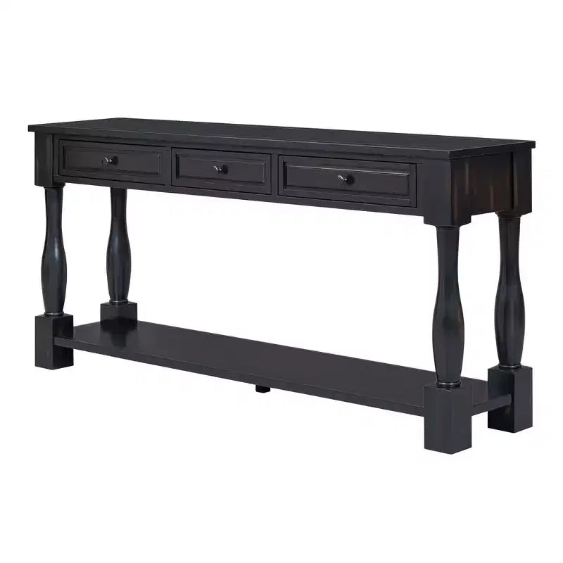 Console longue rectangulaire en bois de style méditerranéen avec tiroirs et étagère