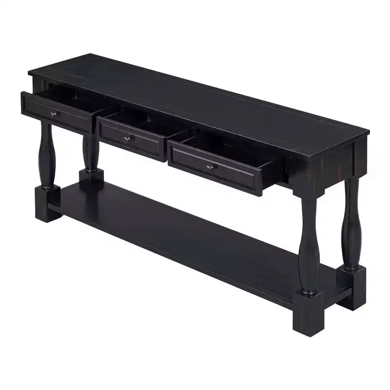 Console longue rectangulaire en bois de style méditerranéen avec tiroirs et étagère